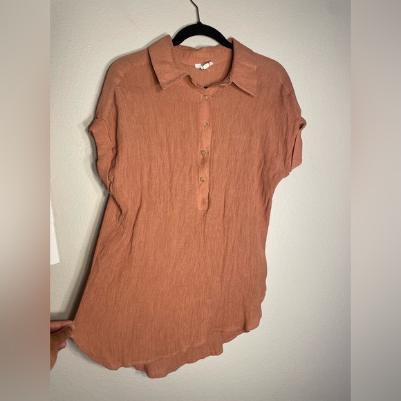 Women's Peach Color Airy Button Down Polo Cuff Sleeve Top - Picture 5 of 7